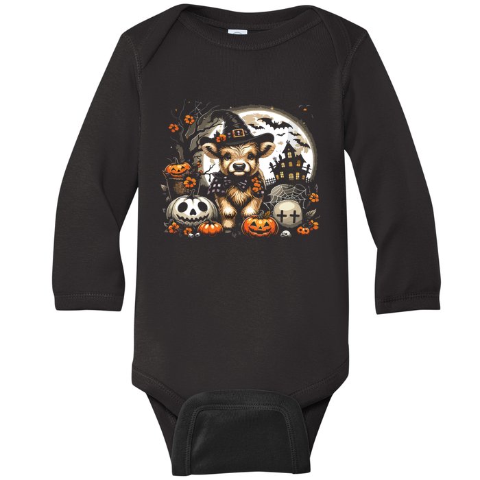 Halloween Highland Cow Print Witchy Cow Spooky Pumpkin Vneck Baby Long Sleeve Bodysuit