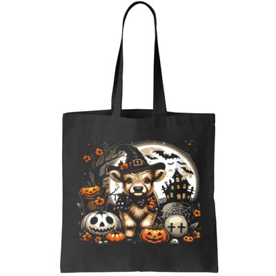 Halloween Highland Cow Print Witchy Cow Spooky Pumpkin Vneck Tote Bag