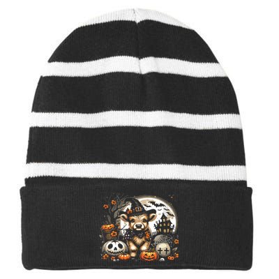 Halloween Highland Cow Print Witchy Cow Spooky Pumpkin Vneck Striped Beanie with Solid Band