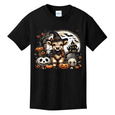 Halloween Highland Cow Print Witchy Cow Spooky Pumpkin Vneck Kids T-Shirt