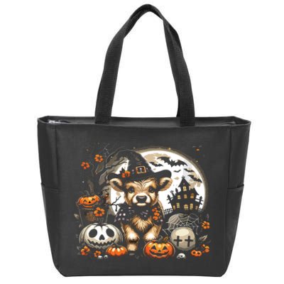 Halloween Highland Cow Print Witchy Cow Spooky Pumpkin Vneck Zip Tote Bag