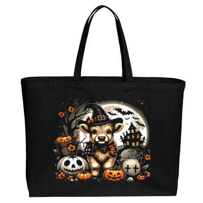 Halloween Highland Cow Print Witchy Cow Spooky Pumpkin Vneck Cotton Canvas Jumbo Tote