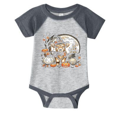 Halloween Highland Cow Print Witchy Cow Spooky Pumpkin Vneck Infant Baby Jersey Bodysuit