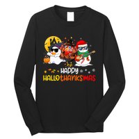 Happy Hallothanksmas Cute Ghost Halloween Thanksgiving Xmas Long Sleeve Shirt