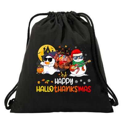 Happy Hallothanksmas Cute Ghost Halloween Thanksgiving Xmas Drawstring Bag