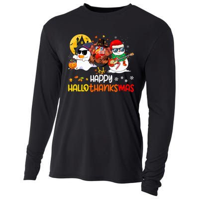 Happy Hallothanksmas Cute Ghost Halloween Thanksgiving Xmas Cooling Performance Long Sleeve Crew