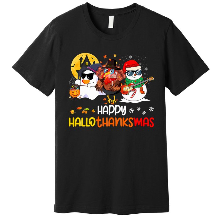 Happy Hallothanksmas Cute Ghost Halloween Thanksgiving Xmas Premium T-Shirt