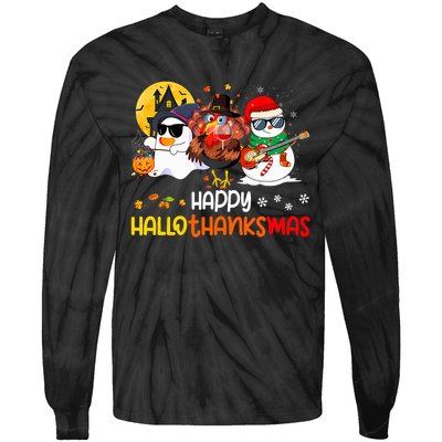 Happy Hallothanksmas Cute Ghost Halloween Thanksgiving Xmas Tie-Dye Long Sleeve Shirt