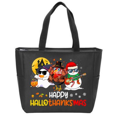 Happy Hallothanksmas Cute Ghost Halloween Thanksgiving Xmas Zip Tote Bag