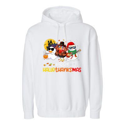 Happy Hallothanksmas Cute Ghost Halloween Thanksgiving Xmas Garment-Dyed Fleece Hoodie