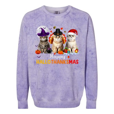 Happy Hallothanksmas Cats Halloween Thanksgiving Christmas Colorblast Crewneck Sweatshirt