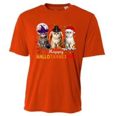 Happy Hallothanksmas Cats Halloween Thanksgiving Christmas Cooling Performance Crew T-Shirt