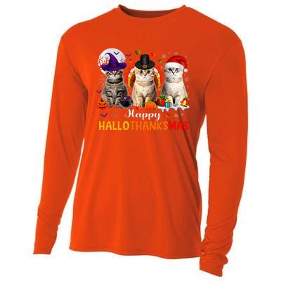 Happy Hallothanksmas Cats Halloween Thanksgiving Christmas Cooling Performance Long Sleeve Crew