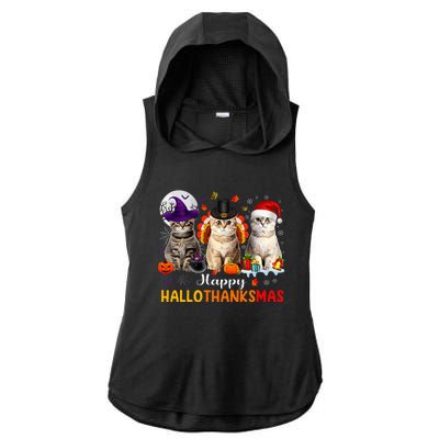 Happy Hallothanksmas Cats Halloween Thanksgiving Christmas Ladies PosiCharge Tri-Blend Wicking Draft Hoodie Tank