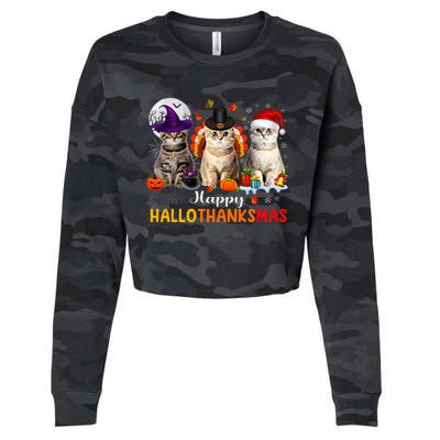 Happy Hallothanksmas Cats Halloween Thanksgiving Christmas Cropped Pullover Crew