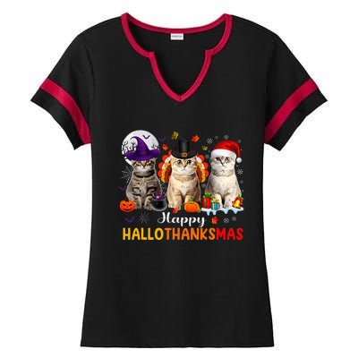 Happy Hallothanksmas Cats Halloween Thanksgiving Christmas Ladies Halftime Notch Neck Tee