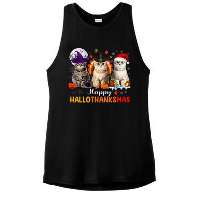 Happy Hallothanksmas Cats Halloween Thanksgiving Christmas Ladies PosiCharge Tri-Blend Wicking Tank