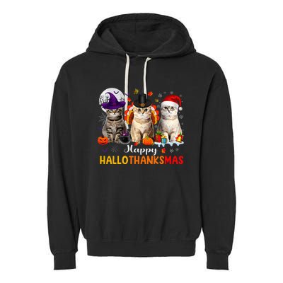 Happy Hallothanksmas Cats Halloween Thanksgiving Christmas Garment-Dyed Fleece Hoodie