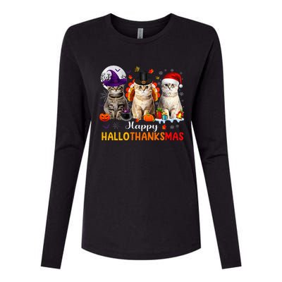 Happy Hallothanksmas Cats Halloween Thanksgiving Christmas Womens Cotton Relaxed Long Sleeve T-Shirt