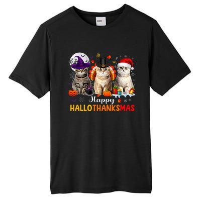 Happy Hallothanksmas Cats Halloween Thanksgiving Christmas Tall Fusion ChromaSoft Performance T-Shirt