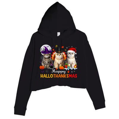 Happy Hallothanksmas Cats Halloween Thanksgiving Christmas Crop Fleece Hoodie