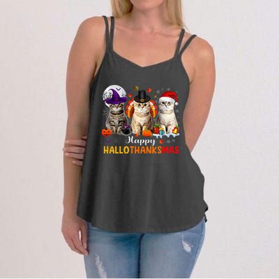 Happy Hallothanksmas Cats Halloween Thanksgiving Christmas Women's Strappy Tank