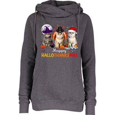 Happy Hallothanksmas Cats Halloween Thanksgiving Christmas Womens Funnel Neck Pullover Hood