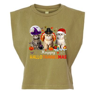 Happy Hallothanksmas Cats Halloween Thanksgiving Christmas Garment-Dyed Women's Muscle Tee