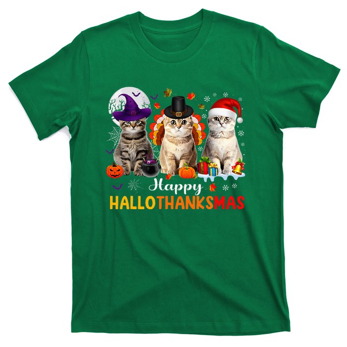 Happy Hallothanksmas Cats Halloween Thanksgiving Christmas T-Shirt