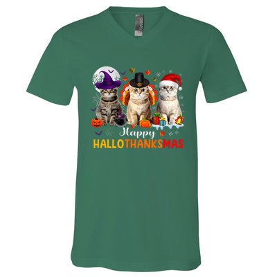 Happy Hallothanksmas Cats Halloween Thanksgiving Christmas V-Neck T-Shirt