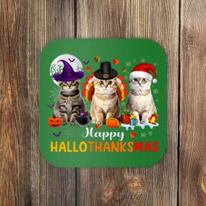 Happy Hallothanksmas Cats Halloween Thanksgiving Christmas Coaster