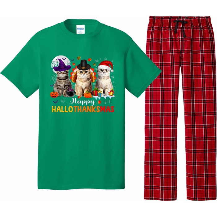 Happy Hallothanksmas Cats Halloween Thanksgiving Christmas Pajama Set