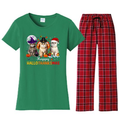 Happy Hallothanksmas Cats Halloween Thanksgiving Christmas Women's Flannel Pajama Set