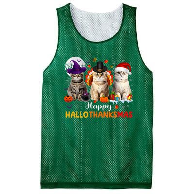 Happy Hallothanksmas Cats Halloween Thanksgiving Christmas Mesh Reversible Basketball Jersey Tank