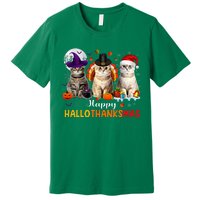 Happy Hallothanksmas Cats Halloween Thanksgiving Christmas Premium T-Shirt