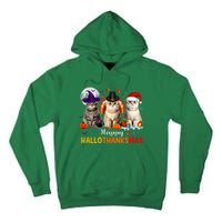 Happy Hallothanksmas Cats Halloween Thanksgiving Christmas Tall Hoodie