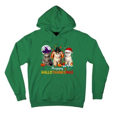 Happy Hallothanksmas Cats Halloween Thanksgiving Christmas Tall Hoodie