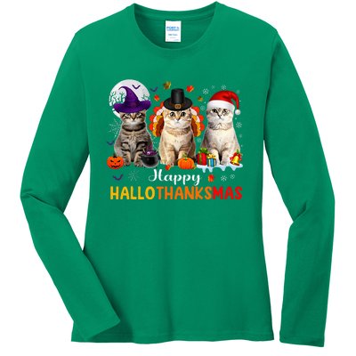 Happy Hallothanksmas Cats Halloween Thanksgiving Christmas Ladies Long Sleeve Shirt