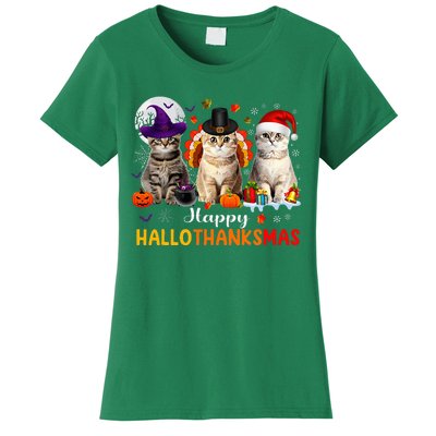 Happy Hallothanksmas Cats Halloween Thanksgiving Christmas Women's T-Shirt