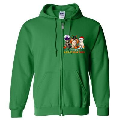 Happy Hallothanksmas Cats Halloween Thanksgiving Christmas Full Zip Hoodie