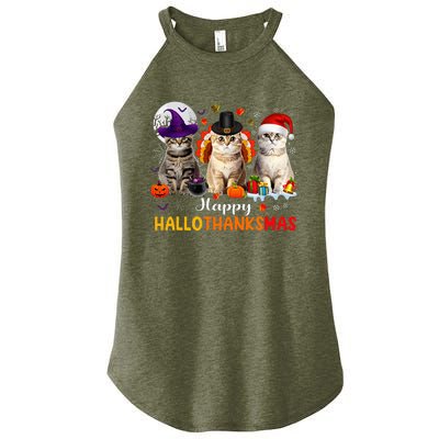 Happy Hallothanksmas Cats Halloween Thanksgiving Christmas Women's Perfect Tri Rocker Tank