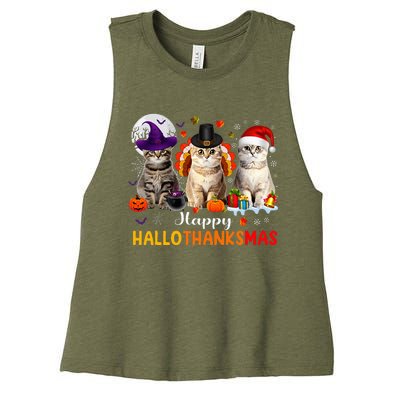 Happy Hallothanksmas Cats Halloween Thanksgiving Christmas Women's Racerback Cropped Tank