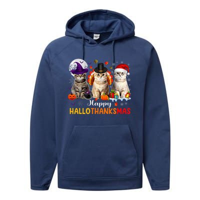 Happy Hallothanksmas Cats Halloween Thanksgiving Christmas Performance Fleece Hoodie