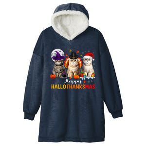 Happy Hallothanksmas Cats Halloween Thanksgiving Christmas Hooded Wearable Blanket