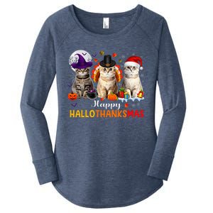 Happy Hallothanksmas Cats Halloween Thanksgiving Christmas Women's Perfect Tri Tunic Long Sleeve Shirt