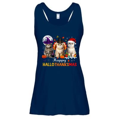 Happy Hallothanksmas Cats Halloween Thanksgiving Christmas Ladies Essential Flowy Tank