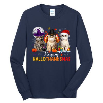 Happy Hallothanksmas Cats Halloween Thanksgiving Christmas Tall Long Sleeve T-Shirt