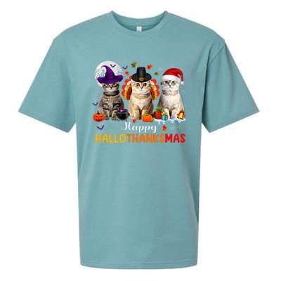 Happy Hallothanksmas Cats Halloween Thanksgiving Christmas Sueded Cloud Jersey T-Shirt