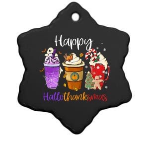 Happy Hallothanksmas Coffee Latte Halloween Thanksgiving Ceramic Star Ornament