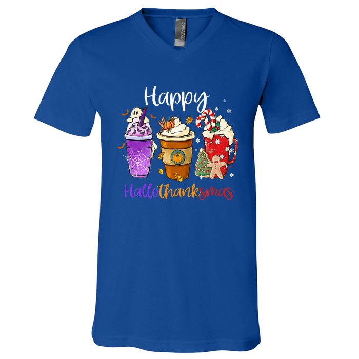 Happy Hallothanksmas Coffee Latte Halloween Thanksgiving V-Neck T-Shirt